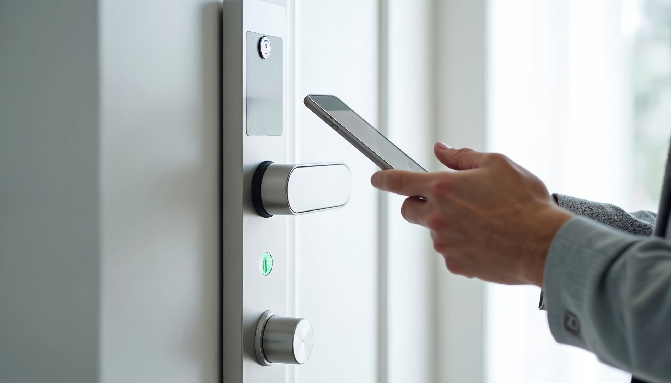 Person uses smartphone near smart door lock. Mobile phone activates digital entry system for home or office. Modern contactless access via NFC or app. Safety and tech convenience.